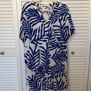 Blue and White Leaf Print Dress or Beach Cover Up